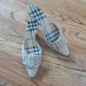 Burberry suede buckle front mules